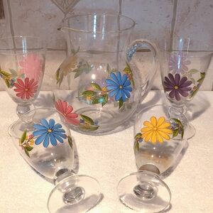 5 Piece Glass Pitcher & Beverage Goblet Set. Floral. Iced Tea .Lemonade